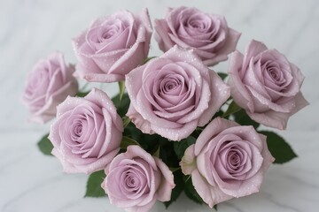 Elegant Lavender Rose Bouquet with Morning Dew Drops in Soft Natural Lighting Against Marble Background
