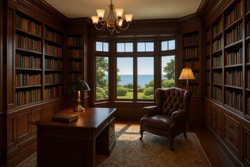 Elegant home library office with floor-to-ceiling bookshelves and scenic window view creating sophisticated study environment