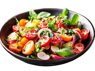Fresh garden salad with tomatoes cucumber red onion and basil isolated on transparent background