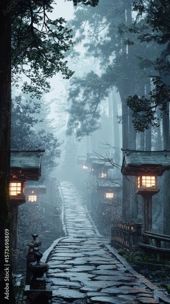 Aufkleber serene pathway through misty forest with lanterns at dusk