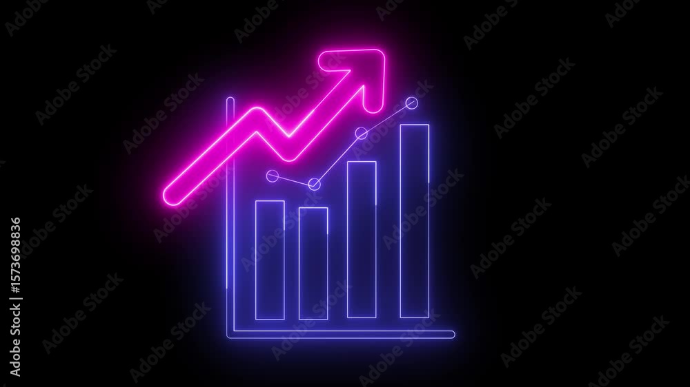 Poster animation, with neon light effect of a stock chart icon with ascending arrow