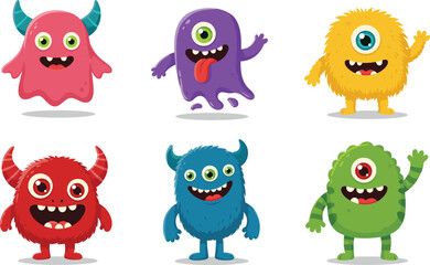 Set of colorful cartoon monsters with one or three eyes, happy expressions, horns, and fur, perfect for kids and games