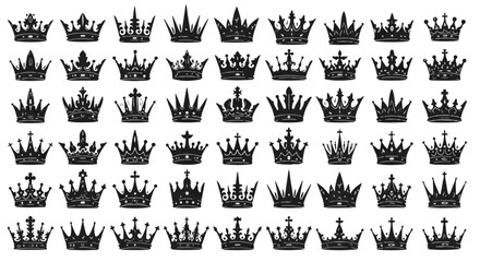 Collection of black silhouette crown designs, emblems of power and royalty in a vector format great for creative projects.