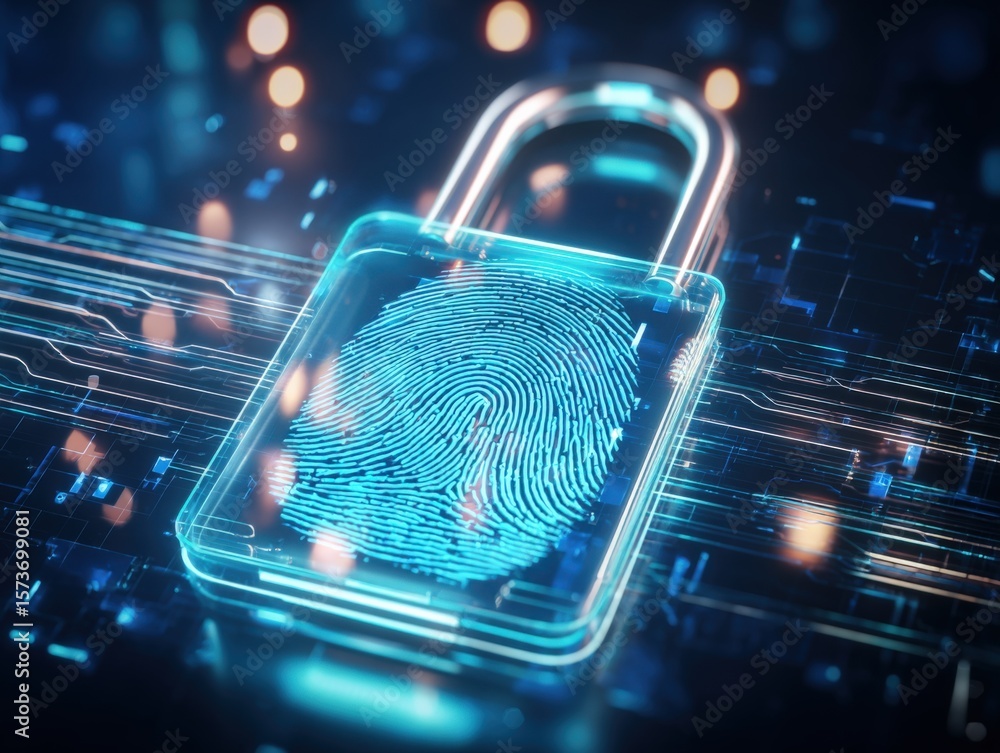 Aufkleber high-tech digital security concept with a glowing padlock and fingerprint scanner representing cyber