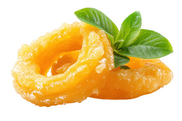 Sweetened fried dough rings with fresh green leaves isolated on transparent background