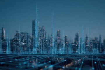 Fototapeta premium Futuristic Digital Cityscape with Tall Skyscrapers and Neon Lights Representing Smart Technology and Wireless Connectivity in a Conceptual Urban Environment