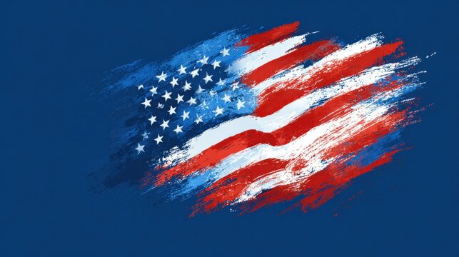 American flag painted with bold brushstrokes on a textured dark blue background representing patriotism and national pride