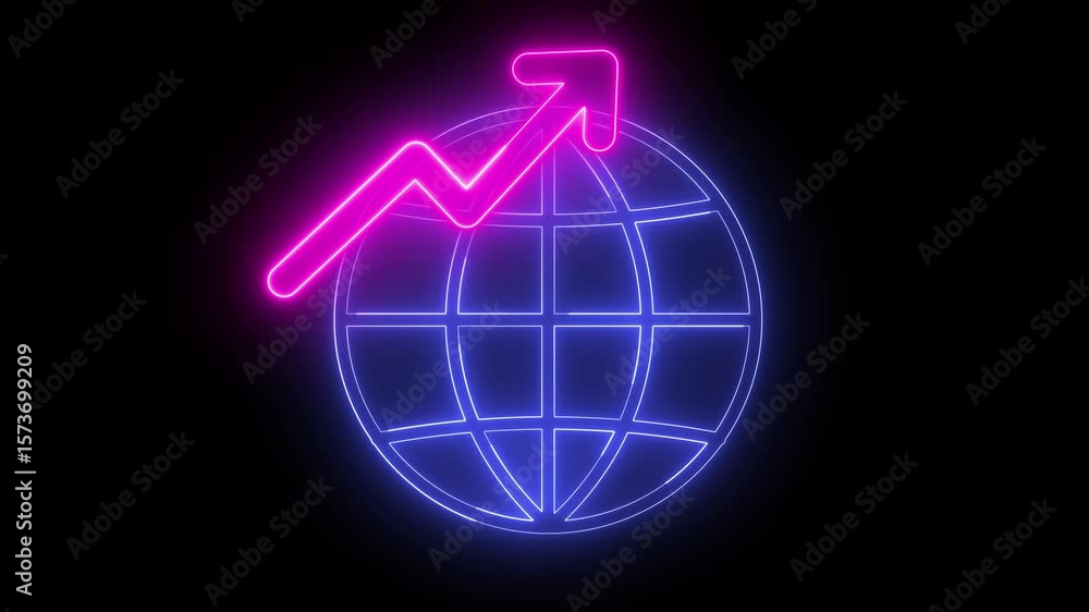 Poster animation, with neon light effect of an icon of a globe with ascending arrow