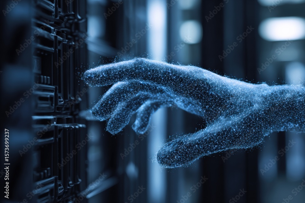 Poster close-up of a humanoid digital hand interacting with a data server rack in a modern futuristic data 