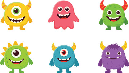 Set of colorful cute cartoon monsters with one or two eyes, horns, smiling faces, perfect for kids illustrations and design