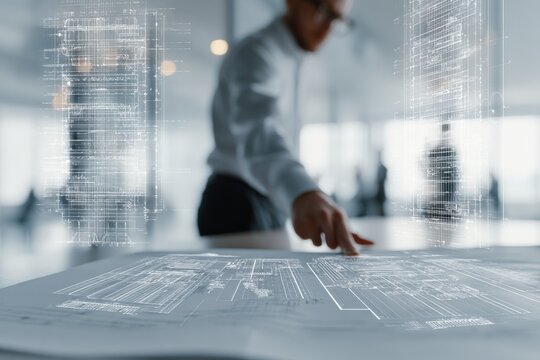 Innovative modern office workspace with futuristic transparent digital interface screens and a professional business developer working at desk