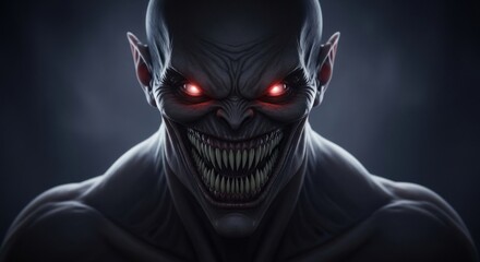 Terrifying Creature with Glowing Red Eyes and Sharp Teeth Unleashing a Sinister Grin