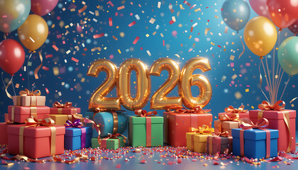 Golden 3D 2026 with Gift Boxes and Confetti for New Year Party
