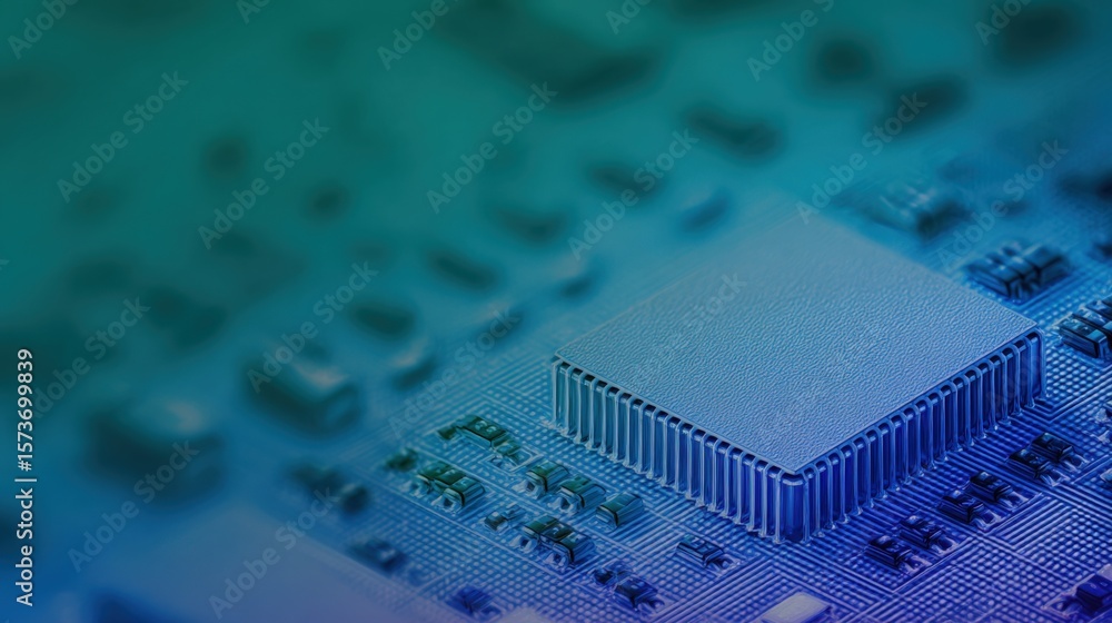 Poster close-up of a computer motherboard with integrated circuit chip and electronic components on a circu