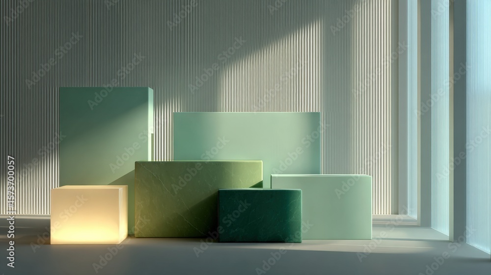 Poster abstract minimalist geometric block composition with soft natural light and shadow play in modern in
