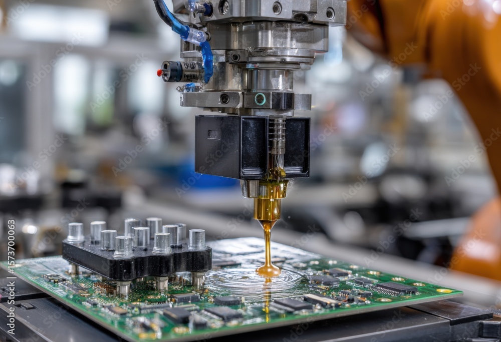 Poster advanced robotic manufactu process with robotic arm drilling and assembling electronic circuit board