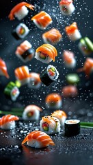 Delicious salmon sushi rolls and nigiri falling through water droplets