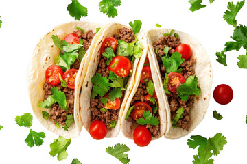 Three delicious beef tacos with fresh tomatoes and cilantro isolated on transparent background