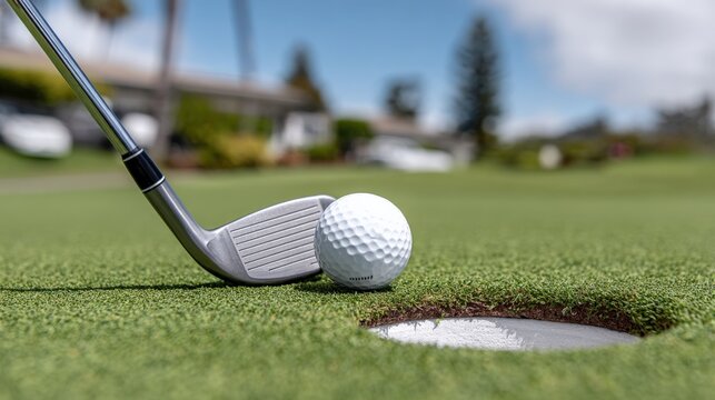 Professional golf club and golf ball positioned near hole on lush green golf course under blue sky with scenic background and clear weather