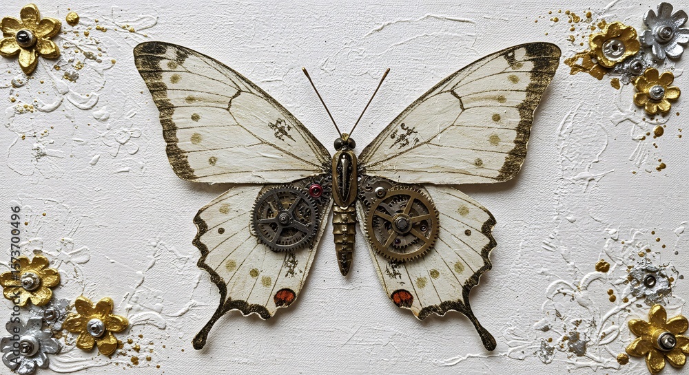 Poster steampunk butterfly artwork with gears and white textured background design element