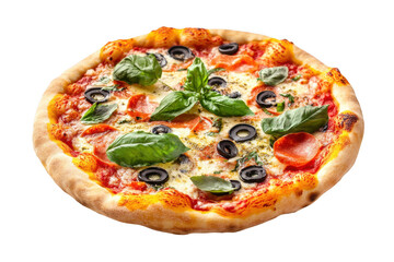 Delicious pepperoni pizza with olives and fresh basil isolated on transparent background