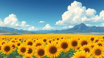 landscape with sunflowers, sunflower field, sunflowers, summer, landscape, nature, field, vibrant sunflower field, summer sunflower landscape, sunflowers under blue sky, sunflower field illustration.