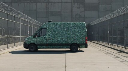 Camouflaged Van Parked in Industrial Area with Fencing - Powered by Adobe