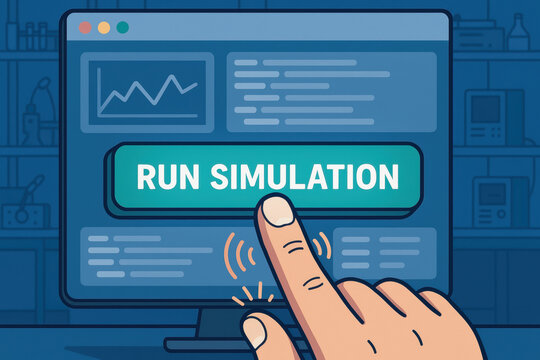 Run simulation button on computer screen with finger pressing startup engineering lab software for testing and development process