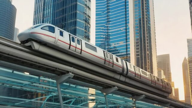 Silver train with red accents traveling smoothly along an elevated track in a vibrant modern city