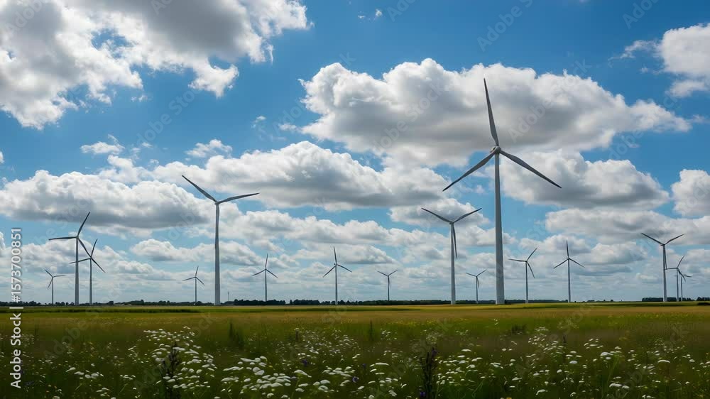 Poster wind turbines rotating in vibrant field with blue sky and fluffy clouds creating clean and sustainab