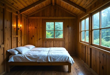 An interior view of a wooden house along with a bed and raining outside