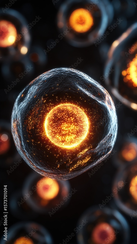 Poster high-resolution microscopic image of human cells showing cell nucleus and cytoplasm with glowing org