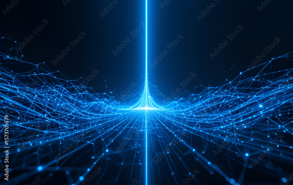 Poster abstract blue light streaks converging to a central point with network connections visible in image