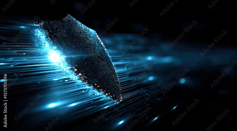 Poster futuristic digital concept of a high-tech penetrating through a digital surface with bright blue dat