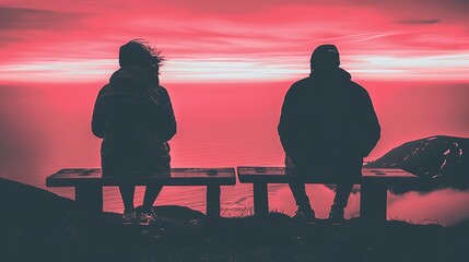 Obraz premium A couple contemplates the horizon sitting silently together on individual benches overlooking a
