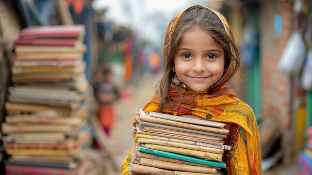 Smiling girl with books in a village, bright scarf, shallow depth of field
