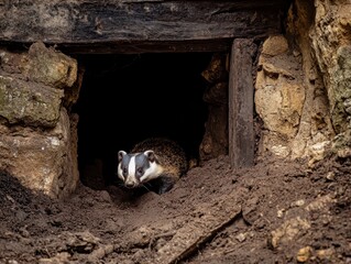 Fototapeta premium Badger Emerging from Burrow in Natural Habitat