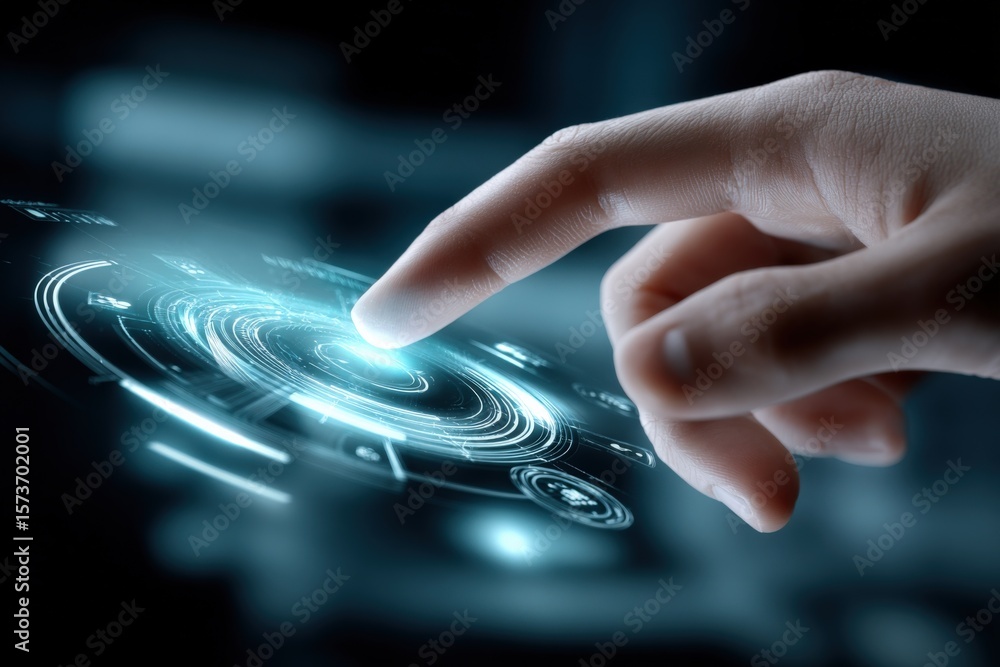 Poster futuristic hand touching holographic digital interface with glowing circular patterns, touch screen 