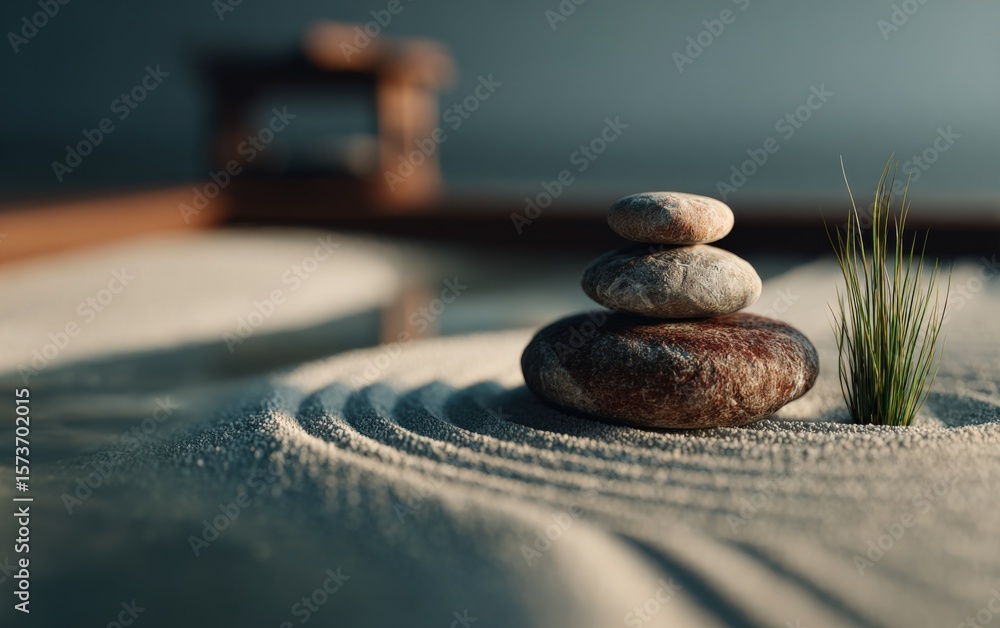 Poster zen garden with stacked smooth stones and a small patch of grass on sandy surface with raked sand pa