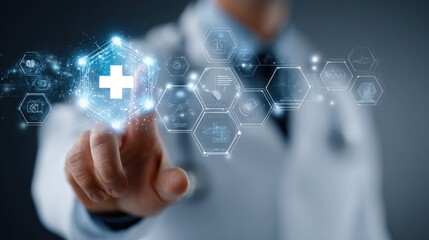 Advanced futuristic medical technology concept with holographic health data interface and digital health monito system visualization