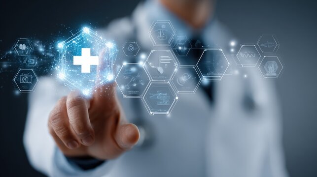 Advanced futuristic medical technology concept with holographic health data interface and digital health monito system visualization