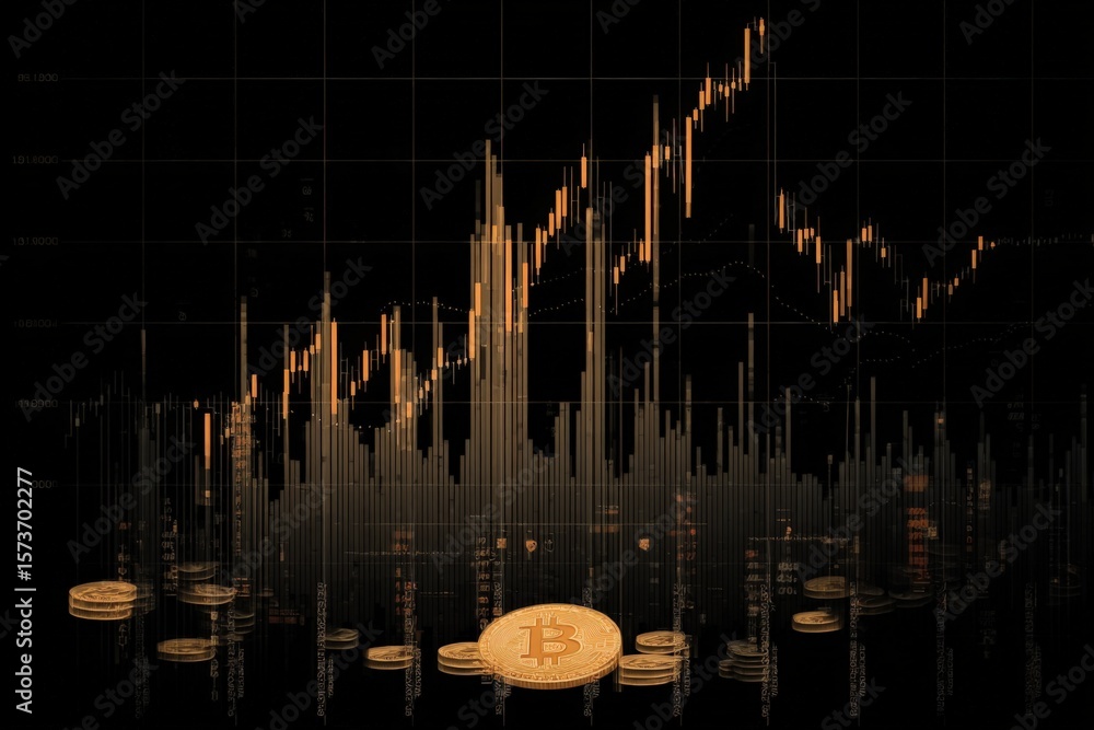 Poster dynamic cryptocurrency market chart with bitcoin symbol and fluctuating data trends displaying marke