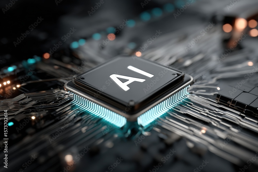 Poster close-up of ai microchip on a motherboard with electronic circuits and glowing connections, represen