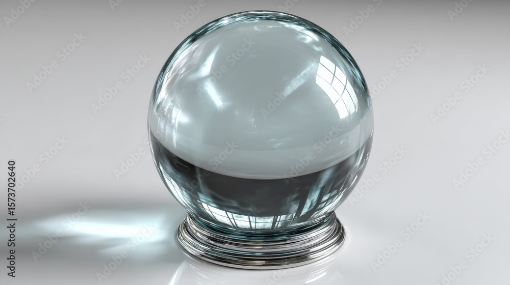Poster clear glass sphere reflecting light and shadows on smooth surface with ambient lighting and minimali