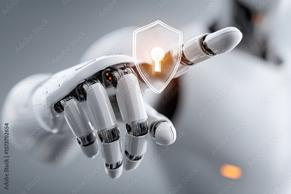 Poster futuristic humanoid robot finger interacting with digital shield icon representing security technolo