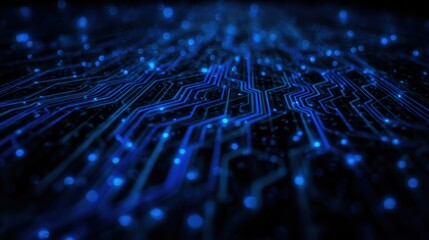 Futuristic digital technology background with glowing circuit board patterns and glowing blue lines representing data flow and connectivity