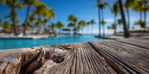 View of a wooden table or surface to place advertising products. In the background, a paradisiacal pool surrounded by blurred palm trees.