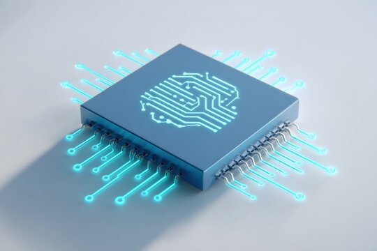 Close-up of a modern blue computer microchip with glowing blue circuit connections on a plain light background, high-tech electronic component