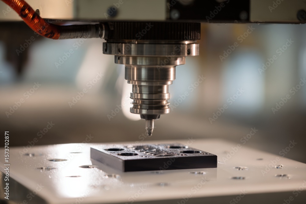 Poster highly detailed close-up of a computer numerical control milling machine precisely carving a metal w