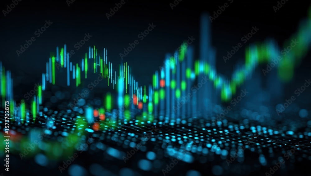 Poster dynamic digital stock market chart with colorful line graph and data points illustrating financial g